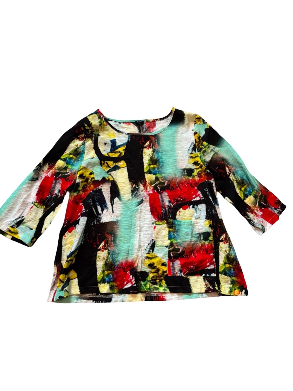 Shana Abstract Brushstroke Scoop-Neck Tunic - Red, Black, Aqua, Yellow, Cream